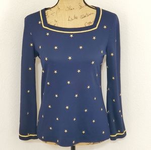Aileen Navy blue with gold stitched stars long sleeve top square neckline S